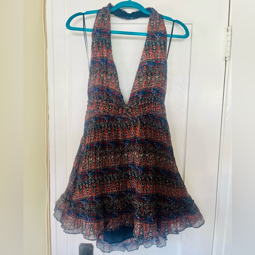 New Mini Halter Dress Size L by Lost and Wander, Ramie Cotton Boho Floral Print